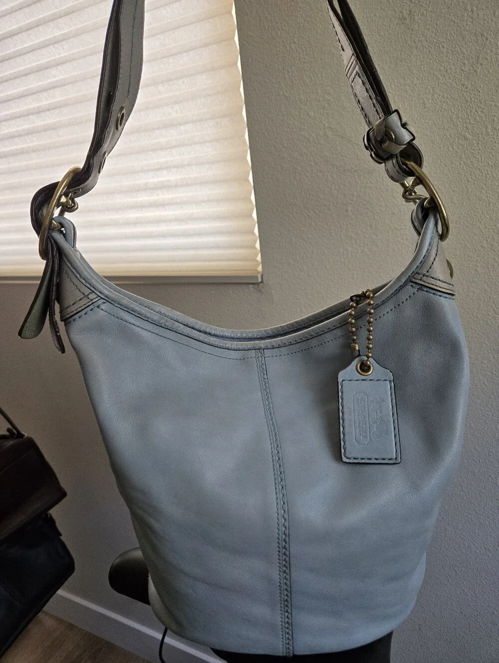 Coach 11422 Bleecker Tattersall Hobo Bag Duffle Purse Blue Leather Bleeker